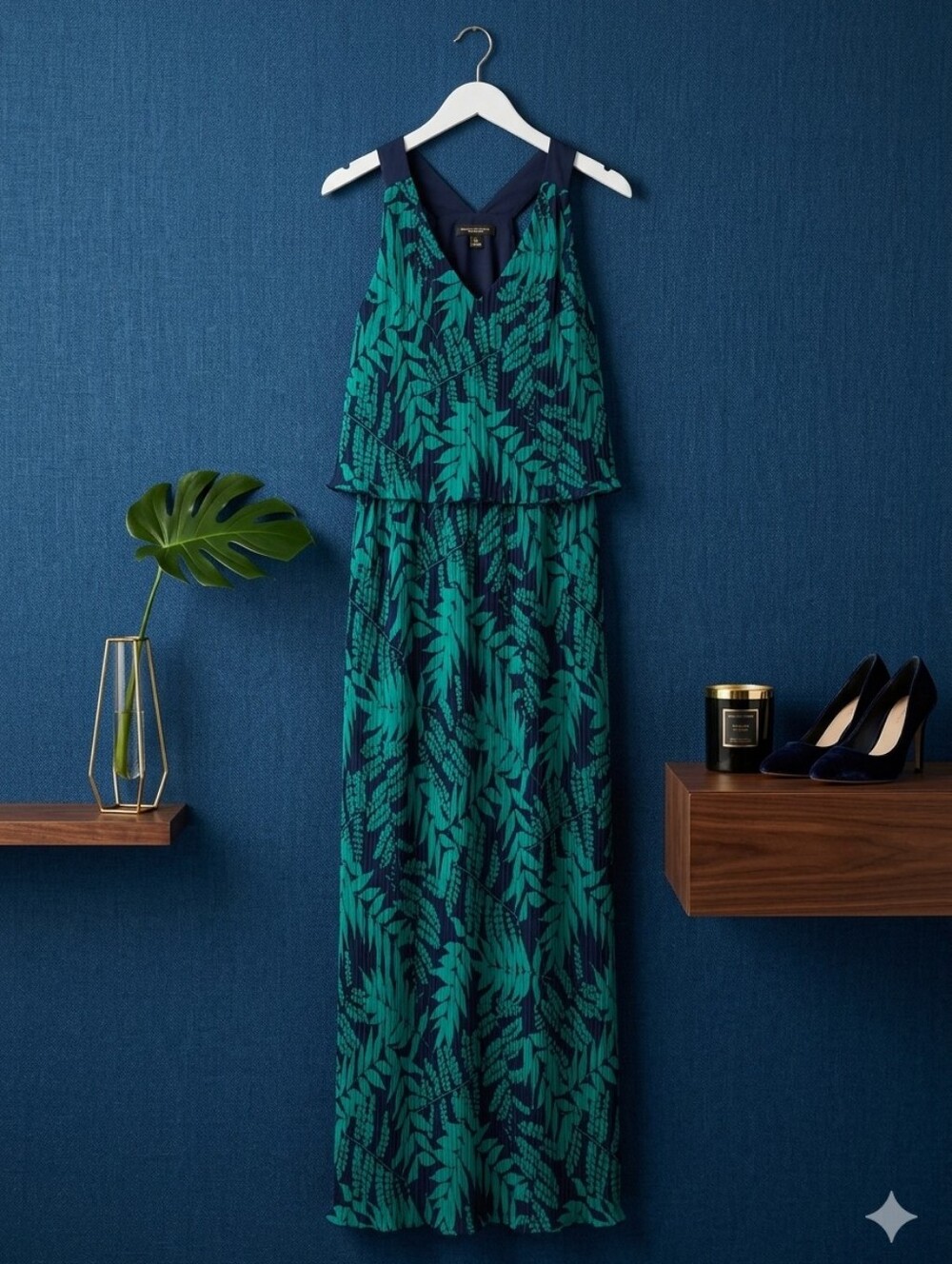 Summer Boho Teal and Black Leaf-Print Maxi Dress Business Casual